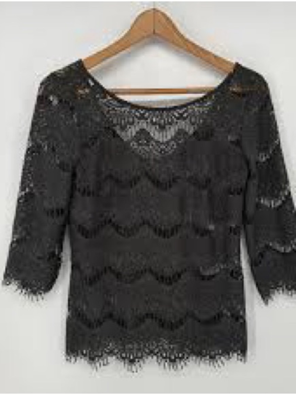 Ezra Black Lace Scallop-Edge Zipper Back Top- NWT L